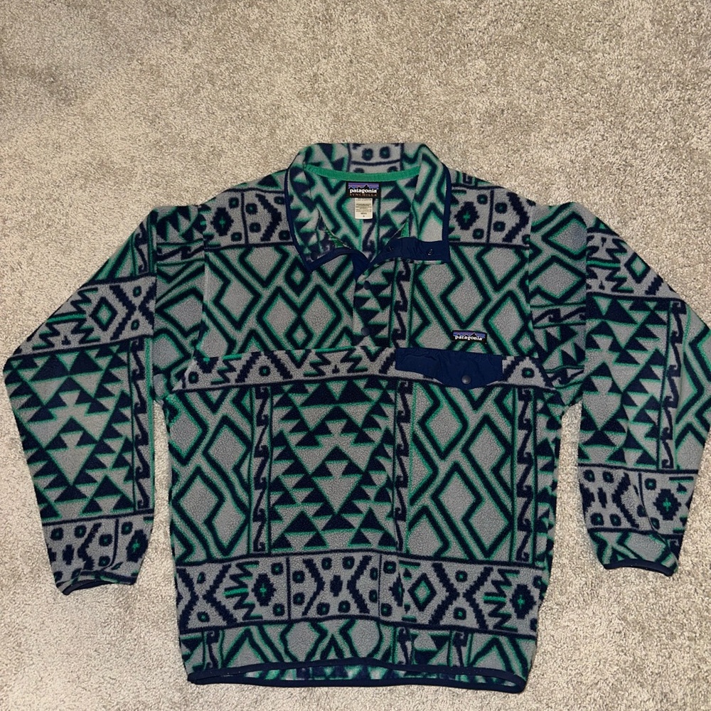 Patagonia Men's Zip Up Sweater - Green and Black Geometric